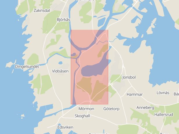 Karta som med röd fyrkant ramar in Karlstadsvägen, Hammarö, Värmlands län