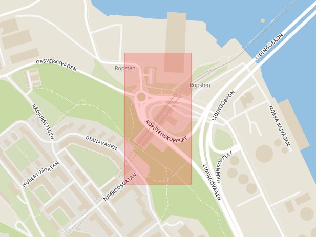 Karta som med röd fyrkant ramar in Lidingövägen, Ropsten, Stockholm, Stockholms län
