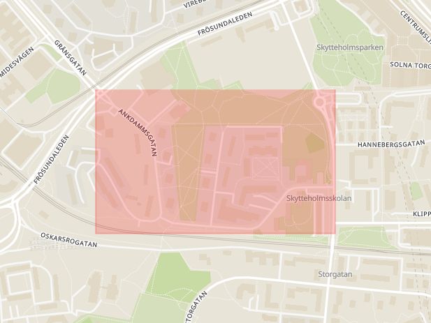 Karta som med röd fyrkant ramar in Ankdammsgatan, Solna, Stockholms län
