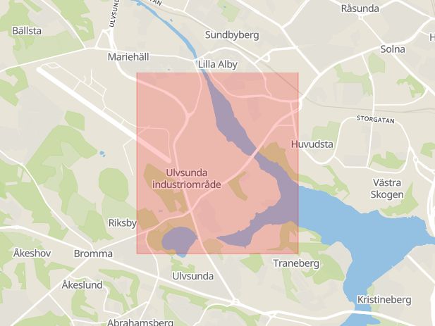 Karta som med röd fyrkant ramar in Ulvsunda Industriområde, Stockholm, Stockholms län