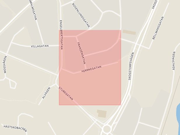 Karta som med röd fyrkant ramar in Fröslunda, Hjärnegatan, Eskilstuna, Södermanlands län