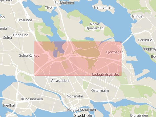 Karta som med röd fyrkant ramar in Norra Länken, Umeå, Stockholms län