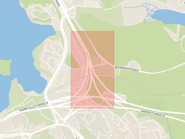 Karta som med röd fyrkant ramar in Gärdestunneln, Komettunneln, Stockholm, Stockholms län