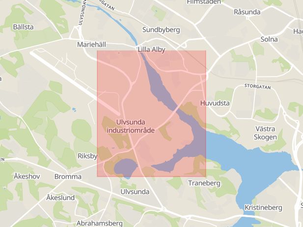 Karta som med röd fyrkant ramar in Ulvsunda Industriområde, Stockholm, Stockholms län