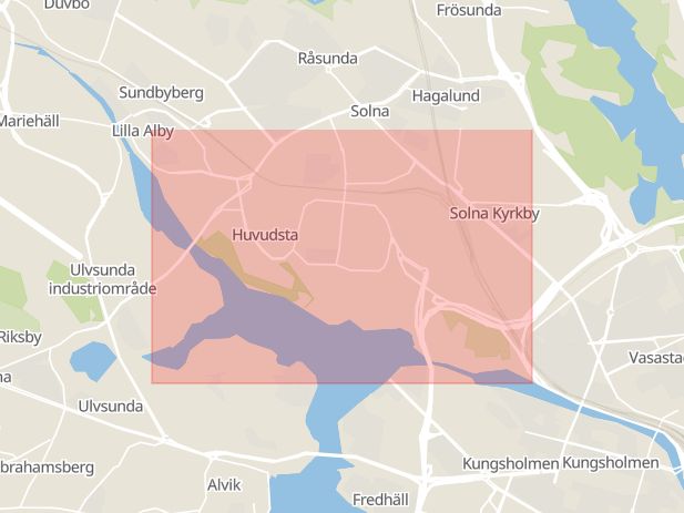 Karta som med röd fyrkant ramar in Huvudsta, Stockholm, Stockholms län