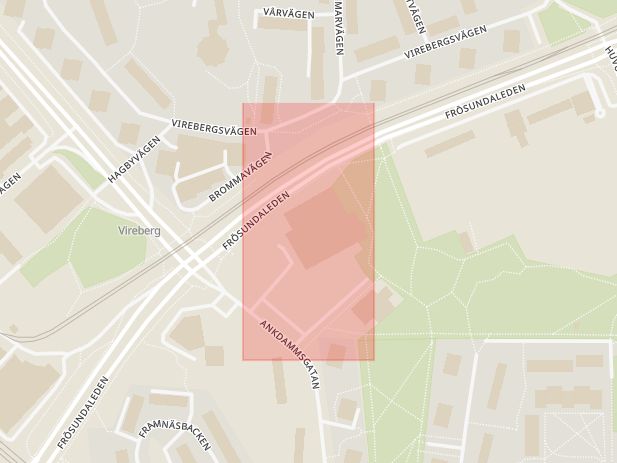 Karta som med röd fyrkant ramar in Frösundaleden, Ankdammsgatan, Solna, Stockholms län