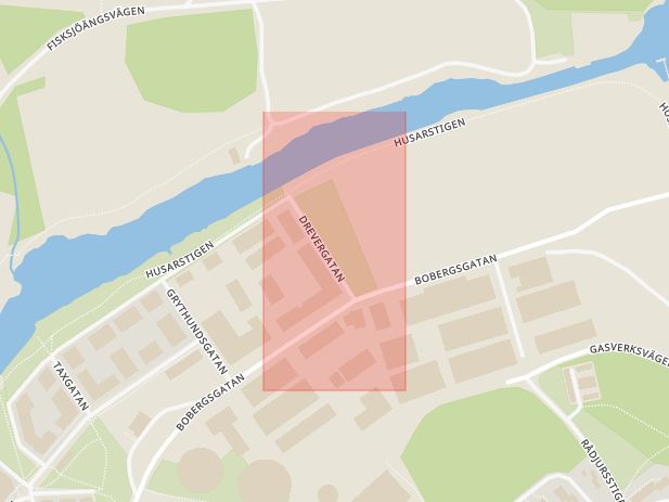 Karta som med röd fyrkant ramar in Drevergatan, Hjorthagen, Stockholm, Stockholms län