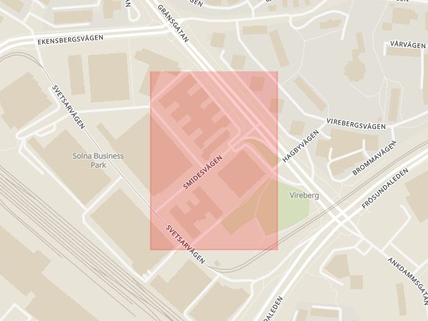 Karta som med röd fyrkant ramar in Råsunda, Smidesvägen, Solna, Stockholms län