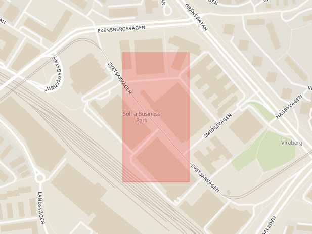 Karta som med röd fyrkant ramar in Solna Business Park, Tvärbanan, Solna, Stockholms län