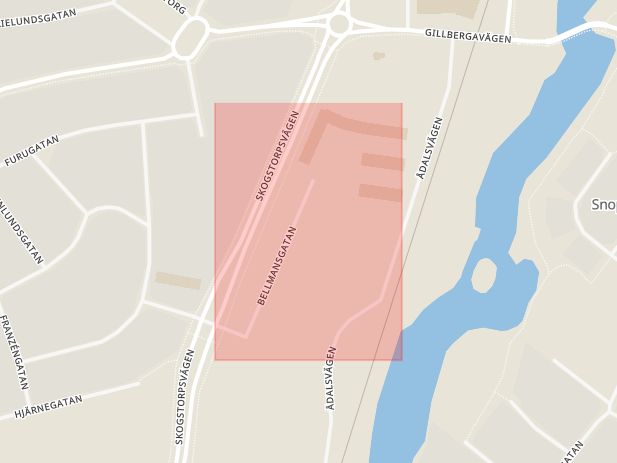 Karta som med röd fyrkant ramar in Bellmansgatan, Eskilstuna, Södermanlands län