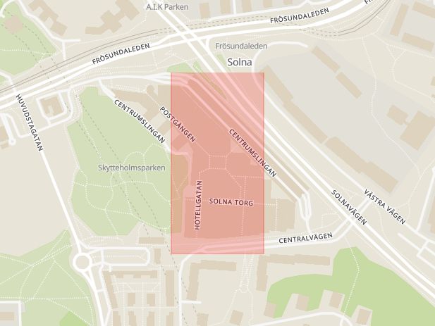 Karta som med röd fyrkant ramar in Solna Centrum, Solna, Stockholms län