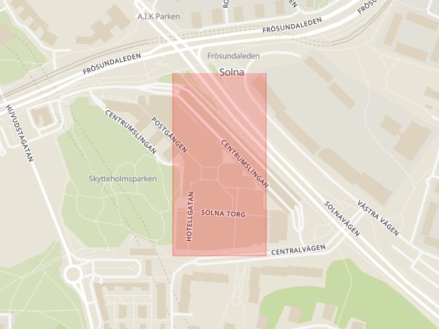 Karta som med röd fyrkant ramar in Solna Centrum, Frösundaleden, Solna, Stockholms län