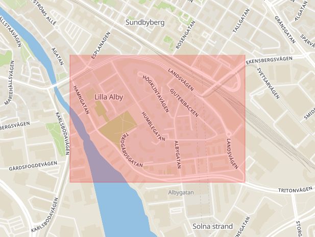 Karta som med röd fyrkant ramar in Lilla Alby, Landsvägen, Sundbyberg, Stockholms län