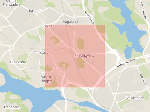 Karta som med röd fyrkant ramar in Solnavägen, Hagalund, Solna, Stockholms län