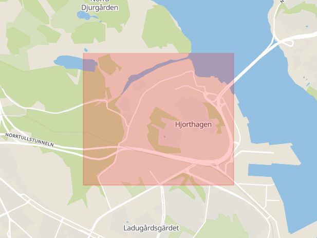 Karta som med röd fyrkant ramar in Hjorthagen, Hägersten, Stockholm, Stockholms län