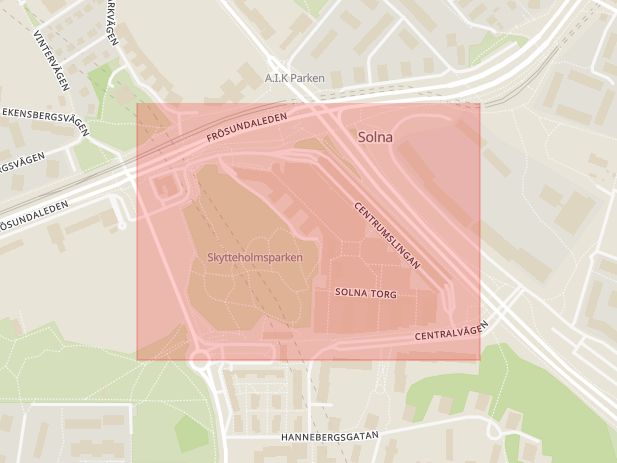 Karta som med röd fyrkant ramar in Centrumslingan, Solna, Stockholms län
