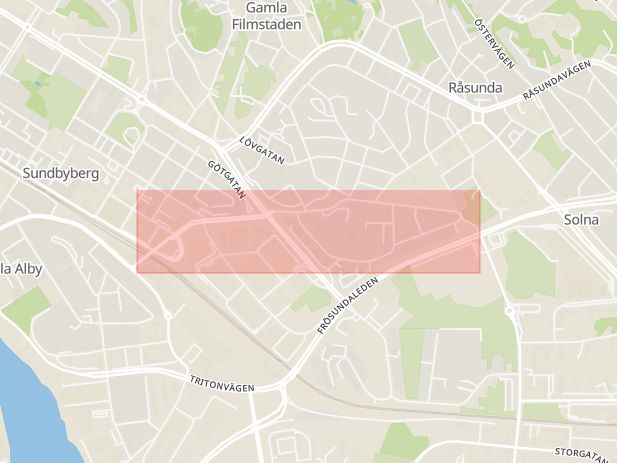 Karta som med röd fyrkant ramar in Råsunda, Ekenbergsvägen, Solna, Stockholms län