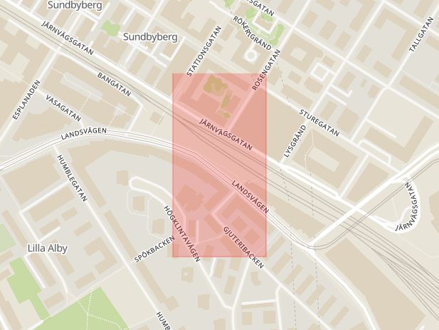 Karta som med röd fyrkant ramar in Tvärbanan, Sundbybergs Centrum, Sundbyberg, Stockholms län