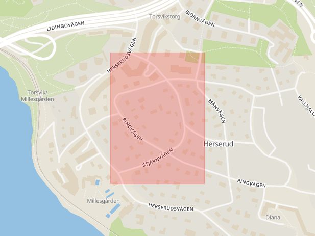 Karta som med röd fyrkant ramar in Stjärnvägen, Solna, Stockholms län