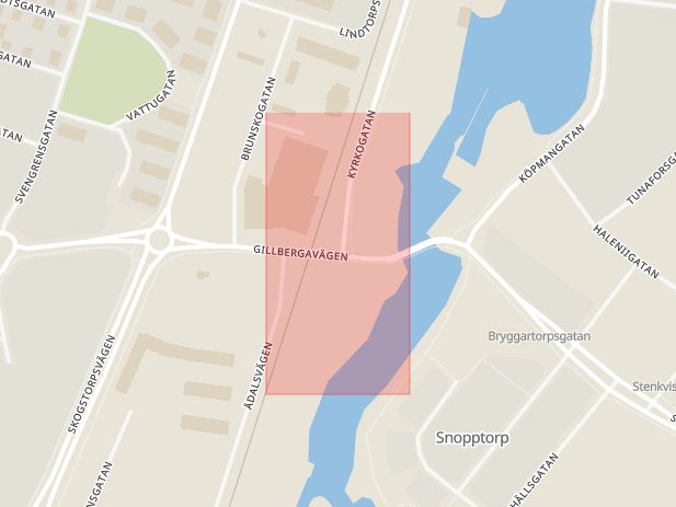 Karta som med röd fyrkant ramar in Kyrkogatan, Stålforsbron, Eskilstuna, Södermanlands län