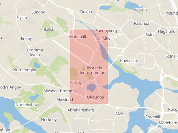 Karta som med röd fyrkant ramar in Bromma, Ulvsundavägen, Stockholm, Stockholms län