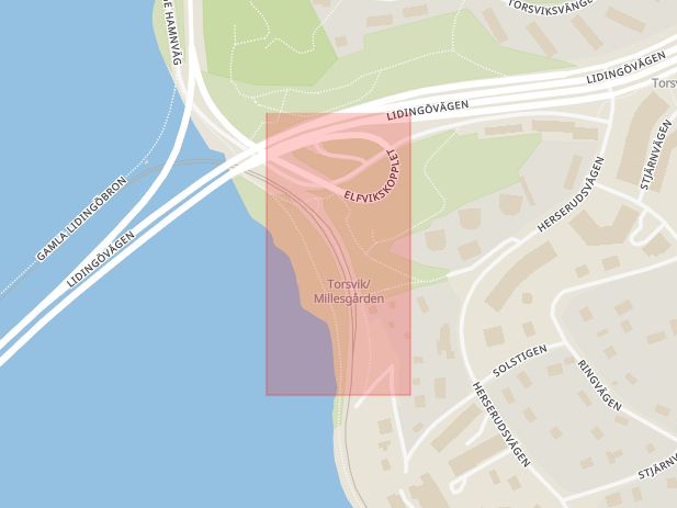 Karta som med röd fyrkant ramar in Torsvik, Lidingö, Stockholms län