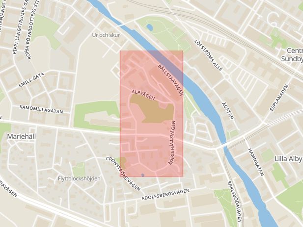 Karta som med röd fyrkant ramar in Mariehäll, Tappvägen, Mariehällsvägen, Stockholm, Stockholms län