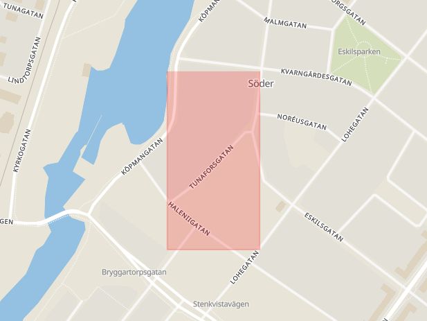 Karta som med röd fyrkant ramar in Södermanland, Tunaforsgatan, Eskilstuna, Södermanlands län