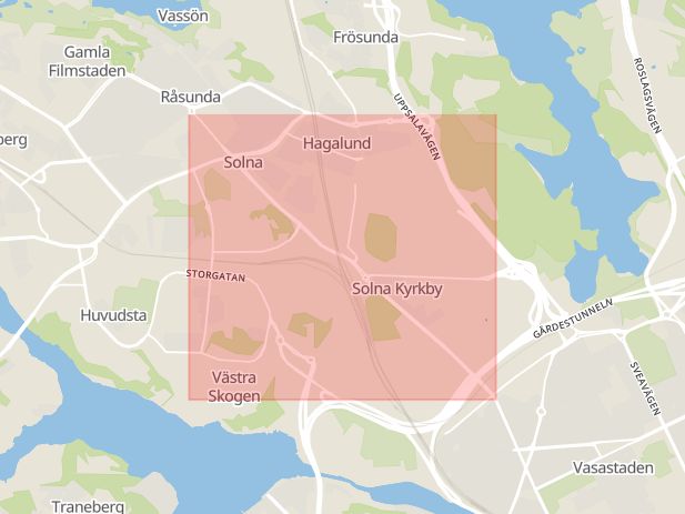 Karta som med röd fyrkant ramar in Solnavägen, Solna, Stockholms län