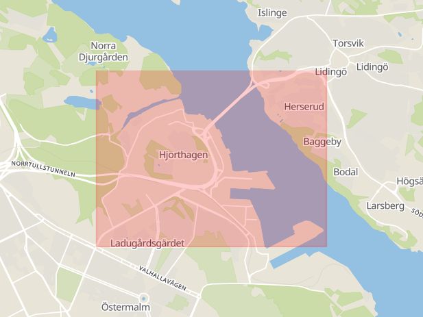 Karta som med röd fyrkant ramar in Lidingövägen, Stockholm, Stockholms län