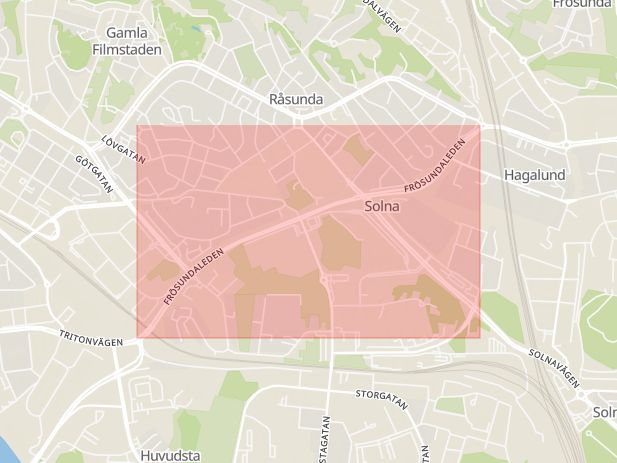 Karta som med röd fyrkant ramar in Råsunda, Frösundaleden, Solna, Stockholms län