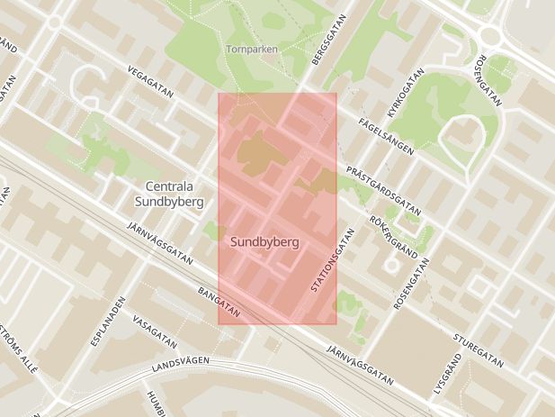 Karta som med röd fyrkant ramar in Brunnsgatan, Sundbyberg, Stockholms län