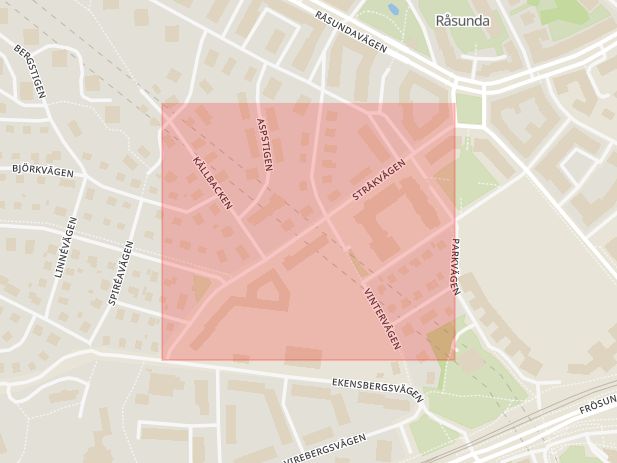 Karta som med röd fyrkant ramar in Råsunda, Stråkvägen, Solna, Stockholms län