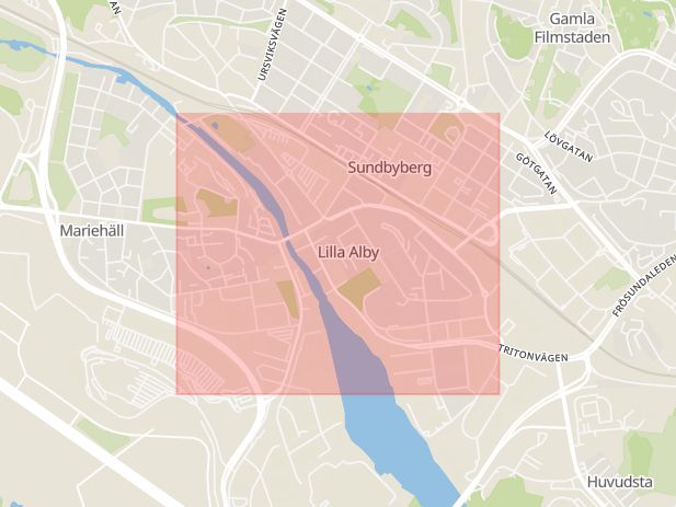 Karta som med röd fyrkant ramar in Lilla Alby, Sundbyberg, Stockholms län
