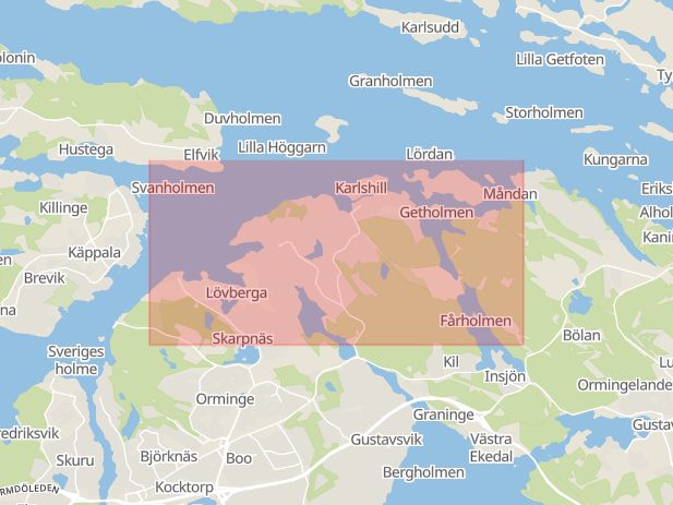 Karta som med röd fyrkant ramar in Kummelnäs, Nacka, Stockholms län