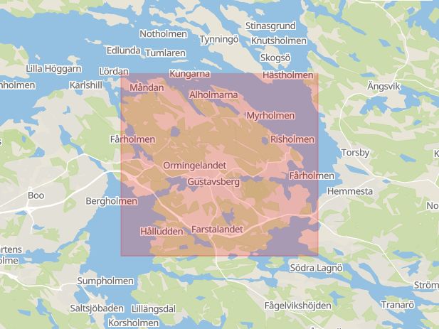 Karta som visar ungefär var händelsen Rattfylleri: En inringare låg efter en bil som framfördes märkbart vingligt i Hemmesta i riktning mot Gustavsberg. inträffat