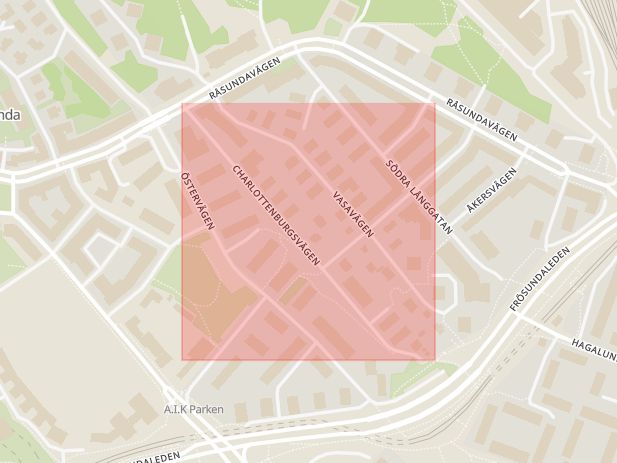 Karta som med röd fyrkant ramar in Charlottenburgsvägen, Råsunda, Solna, Stockholms län