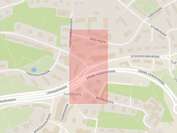 Karta som med röd fyrkant ramar in Stockholmsvägen, Torsvikssvängen, Lidingö, Stockholms län