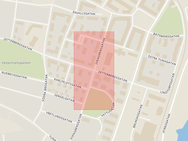 Karta som med röd fyrkant ramar in Svengrensgatan, Zetterbergsgatan, Eskilstuna, Södermanlands län