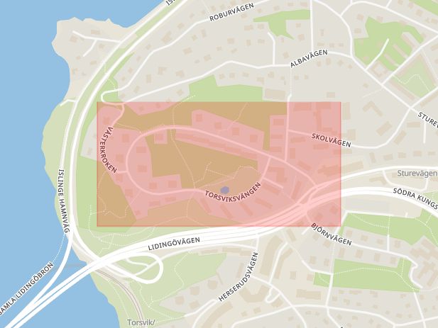 Karta som med röd fyrkant ramar in Torsvikssvängen, Lidingö, Stockholms län
