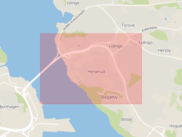 Karta som med röd fyrkant ramar in Herserud, Lidingö, Stockholms län