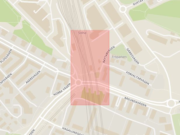 Karta som med röd fyrkant ramar in Frösundaleden, Solna Centrum, Solna Station, Solna, Stockholms län