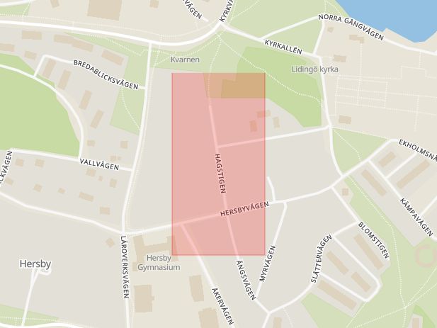 Karta som med röd fyrkant ramar in Hersbyholm, Hagstigen, Lidingö, Stockholms län