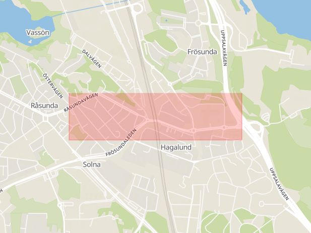 Karta som med röd fyrkant ramar in Hagalund, Råsundavägen, Solna, Stockholms län