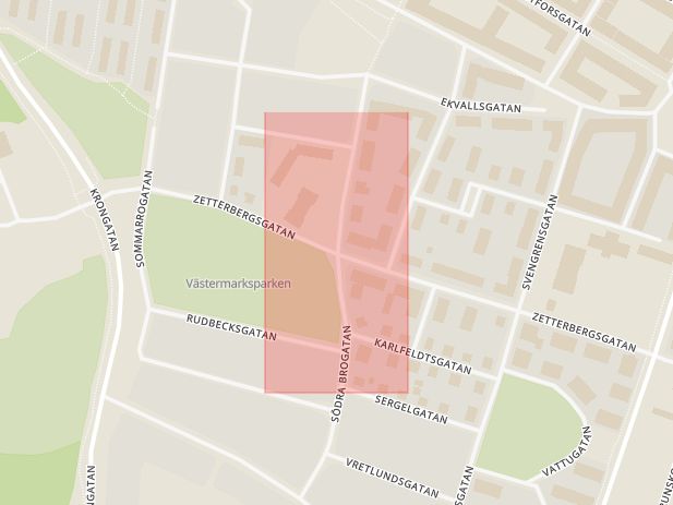 Karta som med röd fyrkant ramar in Fröslunda, Krongatan, Zetterbergsgatan, Södra Brogatan, Eskilstuna, Södermanlands län