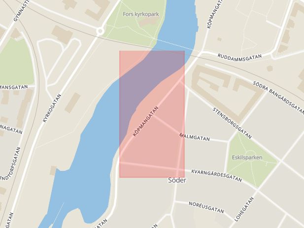 Karta som med röd fyrkant ramar in Köpmangatan, Malmgatan, Eskilstuna, Södermanlands län