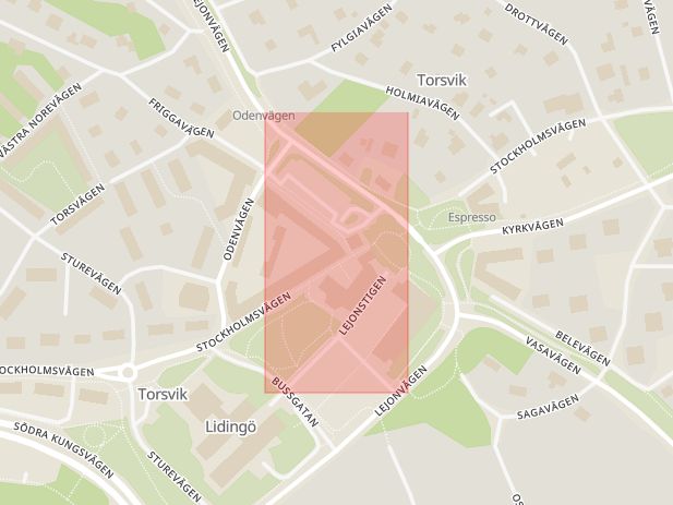 Karta som med röd fyrkant ramar in Lidingö Centrum, Lidingö, Stockholms län