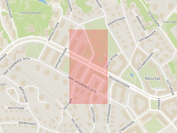 Karta som med röd fyrkant ramar in Råsundavägen, Förrådsgatan, Solna, Stockholms län