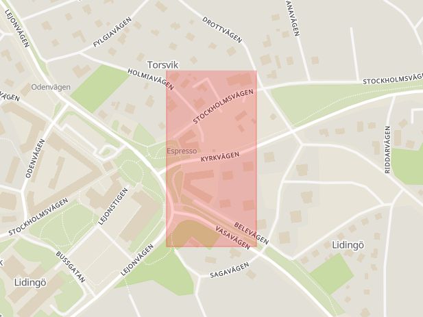 Karta som med röd fyrkant ramar in Lejonvägen, Södra Kungsvägen, Lidingö, Stockholms län
