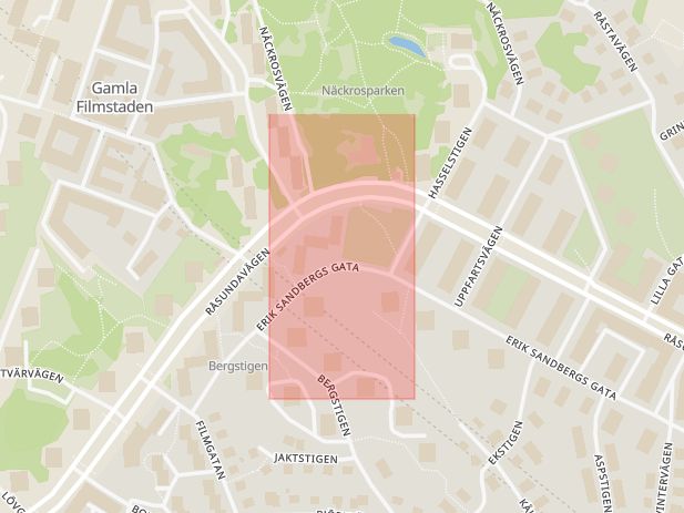 Karta som med röd fyrkant ramar in Erik Sandbergs Gata, Parkvägen, Råsunda, Solna, Stockholms län